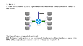 3. Switch
A Switch is a device that is used to segment networks into different subnetworks called subnets or
LAN subnets
The Main difference between Hub and Switch
Hub Replicates what it receives on one port onto all the other ports while switch keeps a record of the
MAC Addresses (media access control address) of the devices attached to it
 