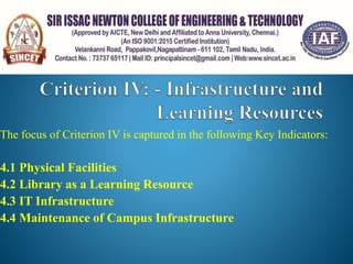 The focus of Criterion IV is captured in the following Key Indicators:
4.1 Physical Facilities
4.2 Library as a Learning Resource
4.3 IT Infrastructure
4.4 Maintenance of Campus Infrastructure
 
