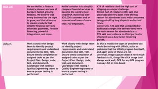 MOLLIE We are Mollie, a finance
industry pioneer and one of
Europe's fastest-growing
fintechs. We believe that
every business has the right
to grow, and that drives us
to create products that
simplify financial services –
effortless payments, flexible
financing, powerful
integrations, and more.
Mollie's mission is to simplify
complex financial services to
become the world's most
loved PSP. Mollie has over
130,000 customers and an
international team of more
than 700 employees.
43% of retailers cited the high cost of
shipping as a major challenge.
Almost half of retailers (48%) said that
projected delivery dates were the top
reason for abandoned carts with consumers
being put-off by long dispatch and arrival
times.
Conversely, 43% said that unexpected or
additional charges like delivery fees were
the main reason for abandoned carts.
59% said over-reliance on third parties for
shipment was a key factor hindering
growth.
UiPath Work closely with design
team to identify project
requirements and understand
documents like SDD, TDD.
Ensure timely completion of
assigned tasks as per the
Project Plan. Design, code,
test, and document.
Coordinate with Testing /
Quality Engineering teams to
ensure proper testing is
performed
Work closely with design team
to identify project
requirements and understand
documents like SDD, TDD.
Ensure timely completion of
assigned tasks as per the
Project Plan. Design, code,
test, and document.
Coordinate with Testing /
Quality Engineering teams to
ensure proper testing is
performed
So that's mostly the types of problems you
would be solving with UiPath, as far as
problems that the UiPath program has itself,
and again some of these are not
universal, image capture doesn't have much
feedback to it, things like click image don't
always work well, OCR for any RPA program
is always hit or miss based
 