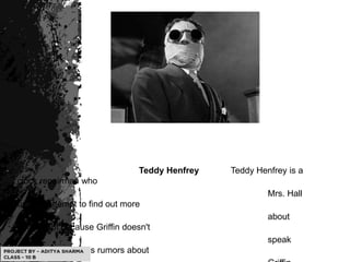 .
• Teddy Henfrey Teddy Henfrey is a
clock repairman who
• Mrs. Hall
uses in attempt to find out more
• about
Griffin. But because Griffin doesn't
• speak
much, Teddy begins rumors about
 