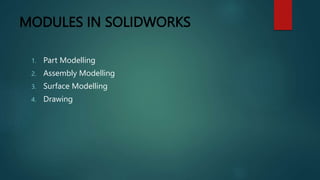 MODULES IN SOLIDWORKS
1. Part Modelling
2. Assembly Modelling
3. Surface Modelling
4. Drawing
 