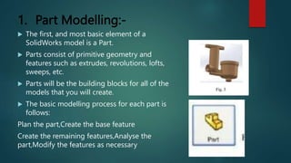 1. Part Modelling:-
 The first, and most basic element of a
SolidWorks model is a Part.
 Parts consist of primitive geometry and
features such as extrudes, revolutions, lofts,
sweeps, etc.
 Parts will be the building blocks for all of the
models that you will create.
 The basic modelling process for each part is
follows:
Plan the part,Create the base feature
Create the remaining features,Analyse the
part,Modify the features as necessary
 