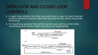 OPEN LOOP AND CLOSED LOOP
CONTROLS
 In open loop systems the slide may overshoot or may not reach desired
position because of inertia, wear and tear and friction, hence inaccurate
machining.
 In closed loop systems the position sensors are used to correct slide
movements and achieve higher accuracy and repeatability
 