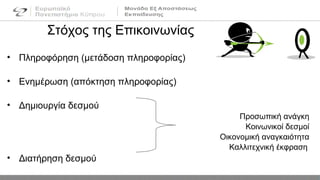 Στόχος της Επικοινωνίας
• Πληροφόρηση (μετάδοση πληροφορίας)
• Ενημέρωση (απόκτηση πληροφορίας)
• Δημιουργία δεσμού
Προσωπική ανάγκη
Κοινωνικοί δεσμοί
Οικονομική αναγκαιότητα
Καλλιτεχνική έκφραση
• Διατήρηση δεσμού
 