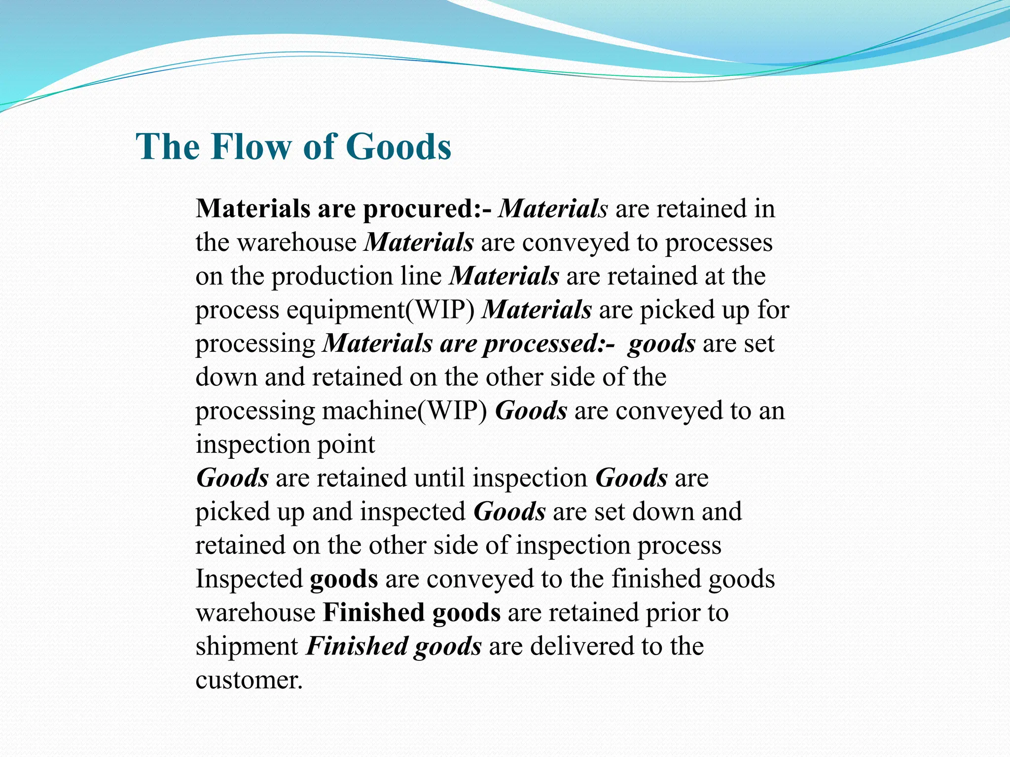 The Flow of Goods
Materials are procured:- Materials are retained in
the warehouse Materials are conveyed to processes
on the production line Materials are retained at the
process equipment(WIP) Materials are picked up for
processing Materials are processed:- goods are set
down and retained on the other side of the
processing machine(WIP) Goods are conveyed to an
inspection point
Goods are retained until inspection Goods are
picked up and inspected Goods are set down and
retained on the other side of inspection process
Inspected goods are conveyed to the finished goods
warehouse Finished goods are retained prior to
shipment Finished goods are delivered to the
customer.
 