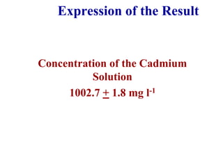 Expression of the Result
Concentration of the Cadmium
Solution
1002.7 + 1.8 mg l-1
 