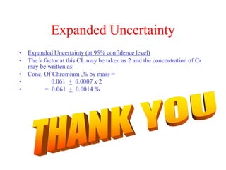 Expanded Uncertainty
• Expanded Uncertainty (at 95% confidence level)
• The k factor at this CL may be taken as 2 and the concentration of Cr
may be written as:
• Conc. Of Chromium ,% by mass =
• 0.061 + 0.0007 x 2
• = 0.061 + 0.0014 %
 