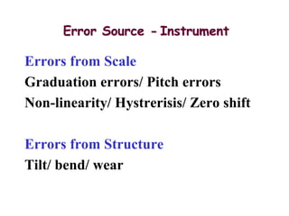 Errors from Scale
Graduation errors/ Pitch errors
Non-linearity/ Hystrerisis/ Zero shift
Errors from Structure
Tilt/ bend/ wear
Error Source - Instrument
 