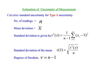 Estimation of Uncertainty of Measurement
Calculate standard uncertainty for Type A uncertainty
No. of readings =
Mean deviation =
Standard deviation is given by
Standard deviation of the mean
Degrees of freedom,
n
x
2
1
2
)
(
1
1
)
( 




n
i
i
x
x
n
x
s
n
x
s
x
s
)
(
)
(
2

1

 n

 
