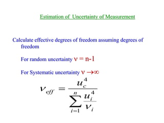 Estimation of Uncertainty of Measurement
Calculate effective degrees of freedom assuming degrees of
freedom
For random uncertainty  = n-1
For Systematic uncertainty  


 n
i i
i
c
eff
u
u
1
4
4


 