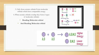 3. Only those atomic orbitals Form molecular
orbitals which have comparable energy.
4. When atomic orbitals overlap they form 2 types
of molecular orbitals:
• Bonding Molecular orbital
• Anti Bonding Molecular orbital
 