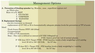 Management Options
Management Options
A. Prevention of bleeding episodes (eg. Muscles , nose , superficial rupture etc)
eg. Fibrin glue
Basic t/t is R REST
I ICE PACKS
C COMPRESS
E ELEVATES
B. Replacement therapy
also k/a treatment on demand
replacement of CF VIII or IX to hemostatically adequate plasma levels for prevention or T/T of acute
bleed
Fresh frozen Plasma (FFP) 160-250ml
Cryoprecipitate
F VIII or F IX concentrate
Dose – One unit is defined as amount of F VIII (100ng/ml) or
F IX ( 5micro g/ml) in 1 ml of normal plasma.
F- VIII dose (IU)= Target FVIII - FVIII baseline levels x body weight(kg) x 0.5 unit/kg
level 30-40 to 100-150 U/dL for 5/7 day
F- IX dose (IU) = Target FIX – FIX baseline levels x body weight(kg) x 1 unit/kg
level 30 to 80-100 U/dL for 5/7 day
 