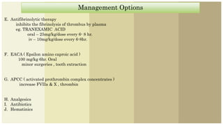 Management Options
Management Options
E. Antifibrinolytic therapy
inhibits the fibrinolysis of thrombus by plasma
eg. TRANEXAMIC ACID
oral – 25mg/kg/dose every 6- 8 hr.
iv – 10mg/kg/dose every 6-8hr.
F. EACA ( Epsilon amino caproic acid )
100 mg/kg 6hr. Oral
minor surgeries , tooth extraction
G. APCC ( activated prothrombin complex concentrates )
increase FVIIa & X , thrombin
H. Analgesics
I. Antibiotics
J. Hematinics
 
