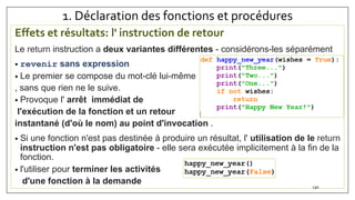 1. Déclaration des fonctions et procédures
Effets et résultats: l' instruction de retour
Le return instruction a deux variantes différentes - considérons-les séparément
• revenir sans expression
• Le premier se compose du mot-clé lui-même
, sans que rien ne le suive.
• Provoque l' arrêt immédiat de
l'exécution de la fonction et un retour
instantané (d'où le nom) au point d'invocation .
• Si une fonction n'est pas destinée à produire un résultat, l' utilisation de le return
instruction n'est pas obligatoire - elle sera exécutée implicitement à la fin de la
fonction.
• l'utiliser pour terminer les activités
d'une fonction à la demande
130
 