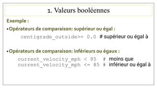 1. Valeurs booléennes
Exemple :
•Opérateurs de comparaison: supérieur ou égal :
centigrade_outside>= 0.0 # supérieur ou égal à
•Opérateurs de comparaison: inférieurs ou égaux :
current_velocity_mph < 85 # moins que
current_velocity_mph <= 85 # inférieur ou égal à
 