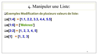 4. Manipuler une Liste:
Exemples Modification de plusieurs valeurs de liste:
a[1:4] = [1.1, 2.2, 3.3, 4.4, 5.5]
a[1:6] = ['Meknes']
a[2:2] = [1, 2, 3, 4, 5]
a[1] = [1, 2, 3]
51
 