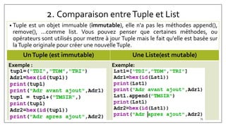 2. Comparaison entreTuple et List
• Tuple est un objet immuable (immutable), elle n'a pas les méthodes append(),
remove(), ...comme list. Vous pouvez penser que certaines méthodes, ou
opérateurs sont utilisés pour mettre à jour Tuple mais le fait qu'elle est basée sur
laTuple originale pour créer une nouvelleTuple.
UnTuple (est immutable) Une Liste(est mutable)
Exemple : Exemple:
75
 