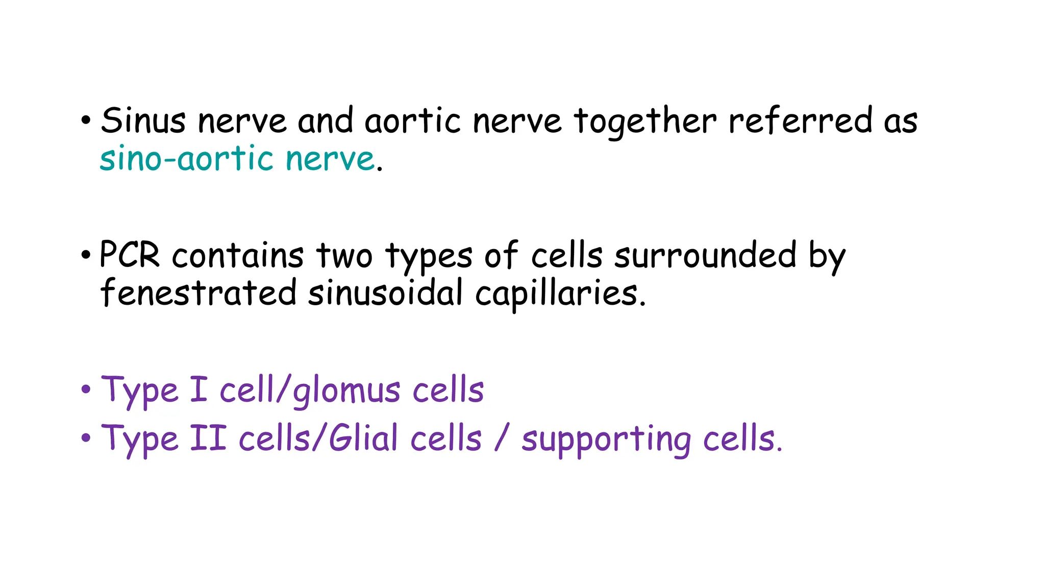 • Sinus nerve and aortic nerve together referred as
sino-aortic nerve.
• PCR contains two types of cells surrounded by
fenestrated sinusoidal capillaries.
• Type I cell/glomus cells
• Type II cells/Glial cells / supporting cells.
 