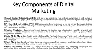 Key Components of Digital
Marketing
1.Search Engine Optimization (SEO): SEO involves optimizing your website and content to rank higher in
search engine results pages (SERPs) organically. This helps increase visibility and drive organic traffic to your
website.
2.Pay-Per-Click Advertising (PPC): PPC campaigns allow businesses to bid on keywords relevant to their
target audience. Ads appear at the top of search engine results and on other websites, and advertisers pay a fee
each time their ad is clicked.
3.Content Marketing: Content marketing focuses on creating and distributing valuable, relevant, and
consistent content to attract and retain a clearly defined audience. Content can include blog posts, videos,
infographics, and more.
4.Social Media Marketing: Social media platforms like Facebook, Instagram, Twitter, and LinkedIn are used
to promote products and services, engage with customers, and build brand awareness through organic and
paid campaigns.
5.Email Marketing: Email marketing involves sending personalized messages to a list of subscribers. It is an
effective way to nurture leads, promote content, and drive conversions.
6.Digital Advertising: Beyond PPC, digital advertising includes display ads, retargeting campaigns, and
native advertising across various online platforms to increase brand visibility and drive traffic.
 