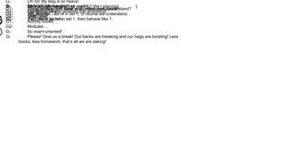 G- KABOOOM! *coughs*
G1- Ei class, have you done your maths homework?
G2- No, teacher…
S- No? stand up lorh.
G1- Class, please don’t hand in slip-shot work. Understand?
G- Yes teacher…we’re in set 1, of course we understand.
G2- If you think you’re in set 1, then behave like 1.
G- Oh no! My Bag is so heavy!
S- Aiyo, why so many books one? [ ]
G1- Exercise books…
G2- Textbooks…
G1- Activity books…
G2- Modules…
G- So exam-oriented!
G- Please! Give us a break! Our backs are breaking and our bags are bursting! Less
books, less homework, that’s all we are asking!
G- Oh man, when is that bell coming? We’r starving!
G- Our stomachs are growling and grumbling!
G- Sniff…sniff …
 