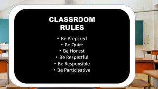 CLASSROOM
RULES
• Be Prepared
• Be Quiet
• Be Honest
• Be Respectful
• Be Responsible
• Be Participative
 