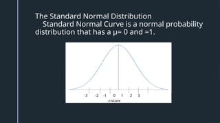 z
z
The Standard Normal Distribution
Standard Normal Curve is a normal probability
distribution that has a μ= 0 and =1.
-3 -2 -1 0 1 2 3
z-score
 
