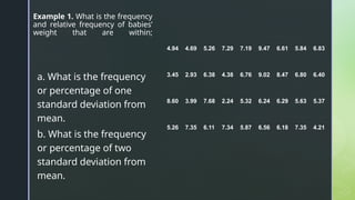 z
z
Example 1. What is the frequency
and relative frequency of babies’
weight that are within;
a. What is the frequency
or percentage of one
standard deviation from
mean.
b. What is the frequency
or percentage of two
standard deviation from
mean.
4.94 4.69 5.26 7.29 7.19 9.47 6.61 5.84 6.83
3.45 2.93 6.38 4.38 6.76 9.02 8.47 6.80 6.40
8.60 3.99 7.68 2.24 5.32 6.24 6.29 5.63 5.37
5.26 7.35 6.11 7.34 5.87 6.56 6.18 7.35 4.21
 