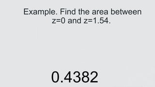 z
z
Example. Find the area between
z=0 and z=1.54.
0.4382
 