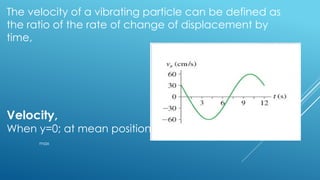 The velocity of a vibrating particle can be defined as
the ratio of the rate of change of displacement by
time,
Velocity,
When y=0; at mean position
max
 