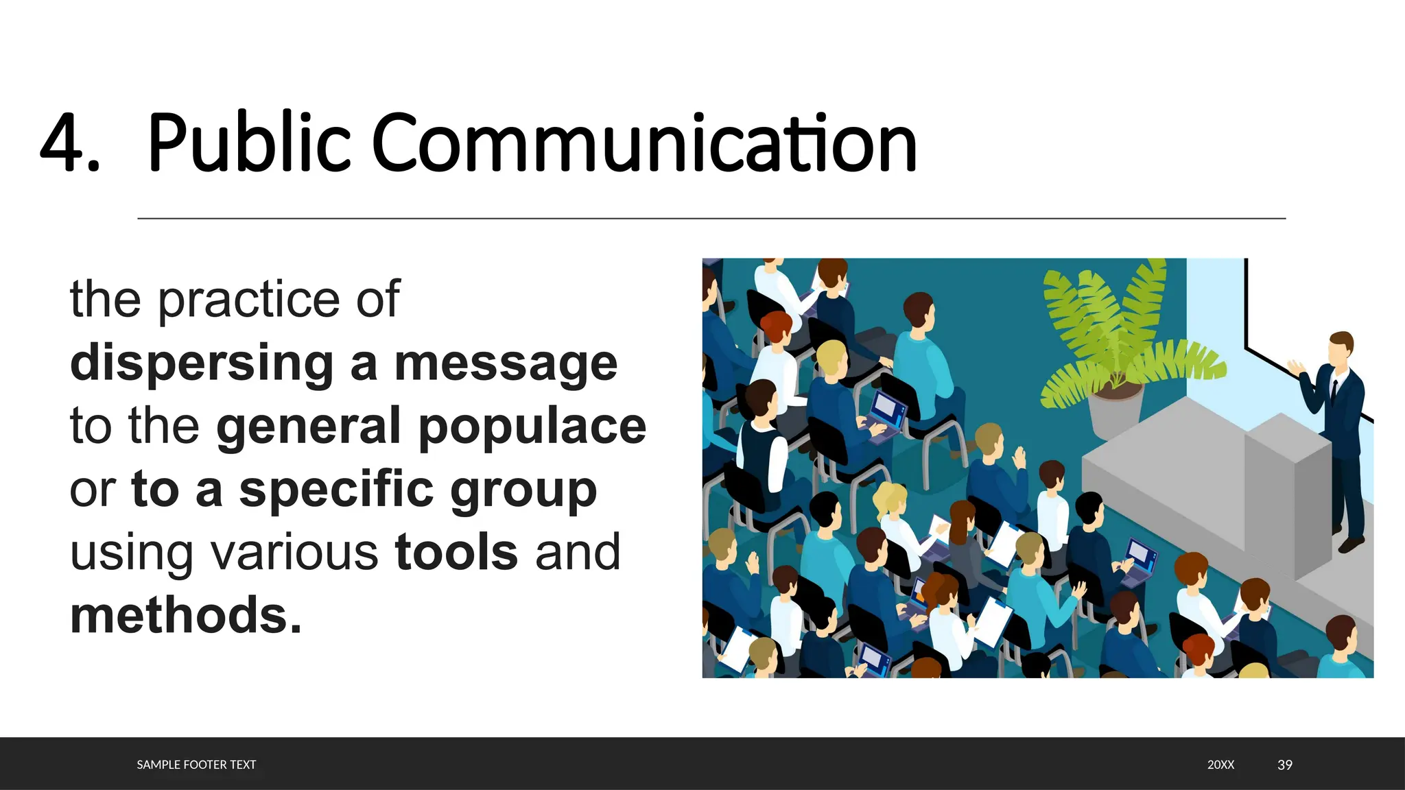 SAMPLE FOOTER TEXT 39
4. Public Communication
20XX
the practice of
dispersing a message
to the general populace
or to a specific group
using various tools and
methods.
 