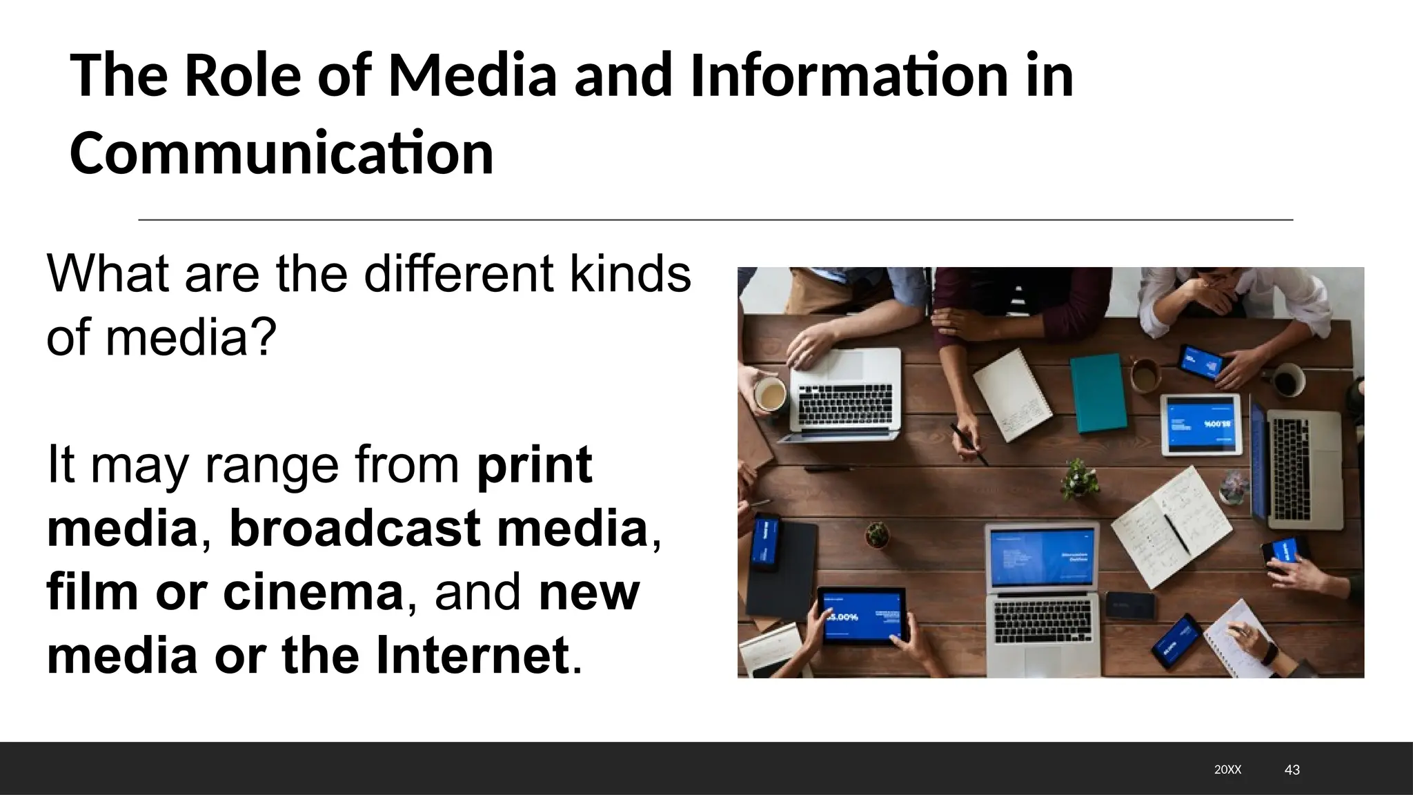 43
20XX
The Role of Media and Information in
Communication
What are the different kinds
of media?
It may range from print
media, broadcast media,
film or cinema, and new
media or the Internet.
 