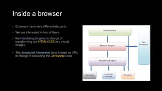 Inside a browser
• Browsers have very differentiate parts.
• We are interested in two of them:
• the Rendering Engine (in charge of
transforming our HTML+CSS in a visual
image).
• The Javascript Interpreter (also known as VM),
in charge of executing the Javascript code
 