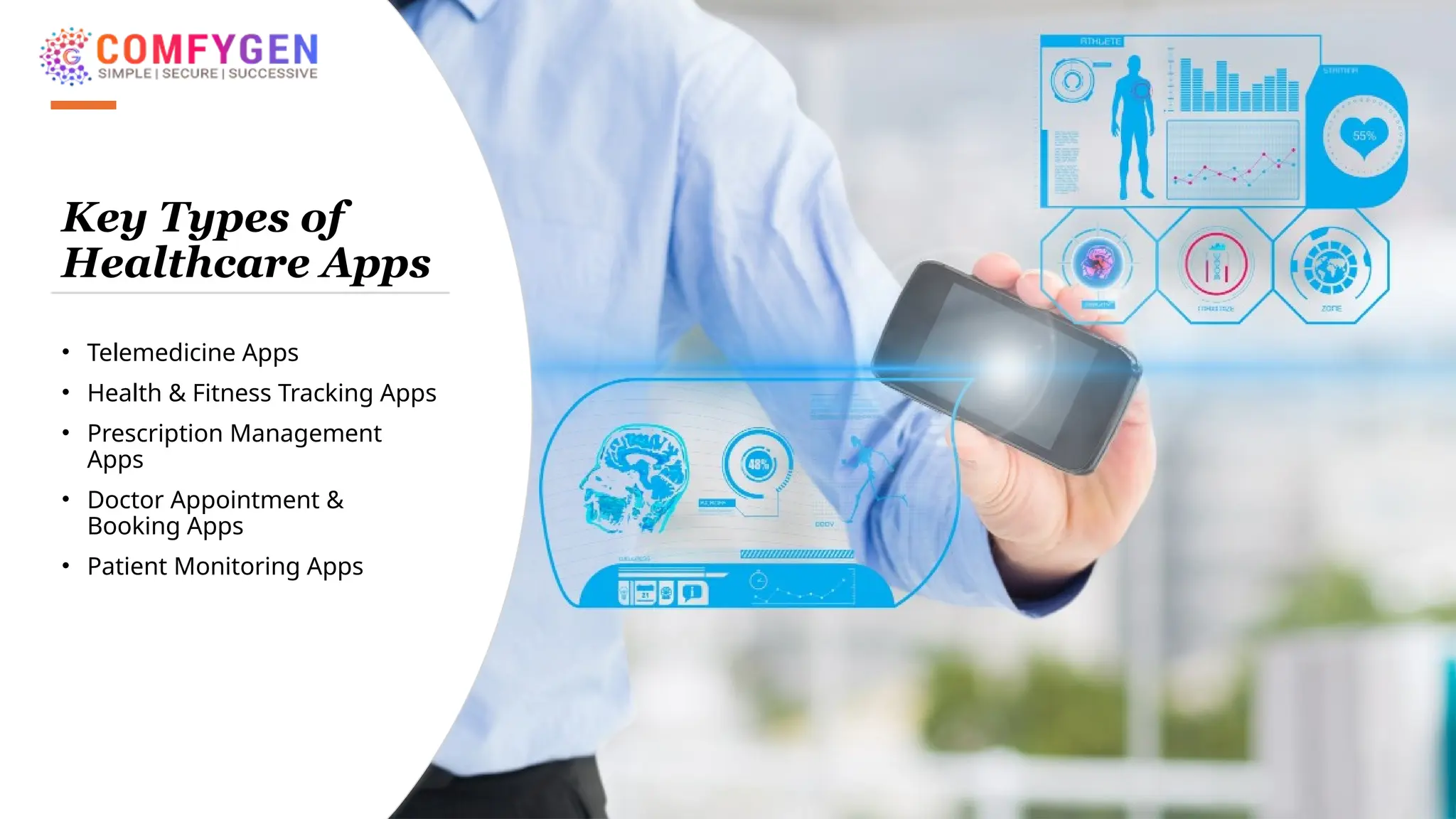 Key Types of
Healthcare Apps
• Telemedicine Apps
• Health & Fitness Tracking Apps
• Prescription Management
Apps
• Doctor Appointment &
Booking Apps
• Patient Monitoring Apps
 