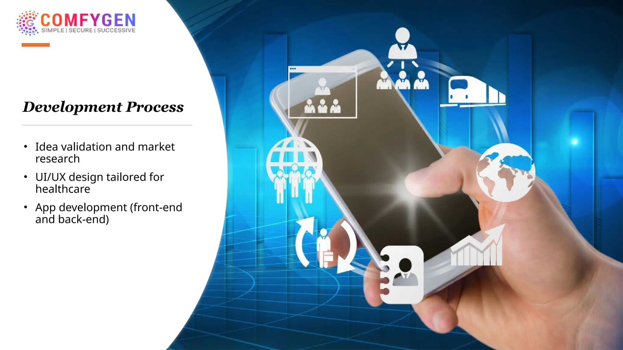 Development Process
• Idea validation and market
research
• UI/UX design tailored for
healthcare
• App development (front-end
and back-end)
 