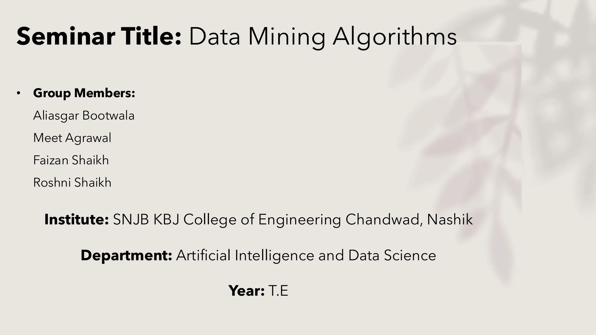 Seminar Title: Data Mining Algorithms
• Group Members:
Aliasgar Bootwala
Meet Agrawal
Faizan Shaikh
Roshni Shaikh
Institute: SNJB KBJ College of Engineering Chandwad, Nashik
Department: Artificial Intelligence and Data Science
Year: T.E
 