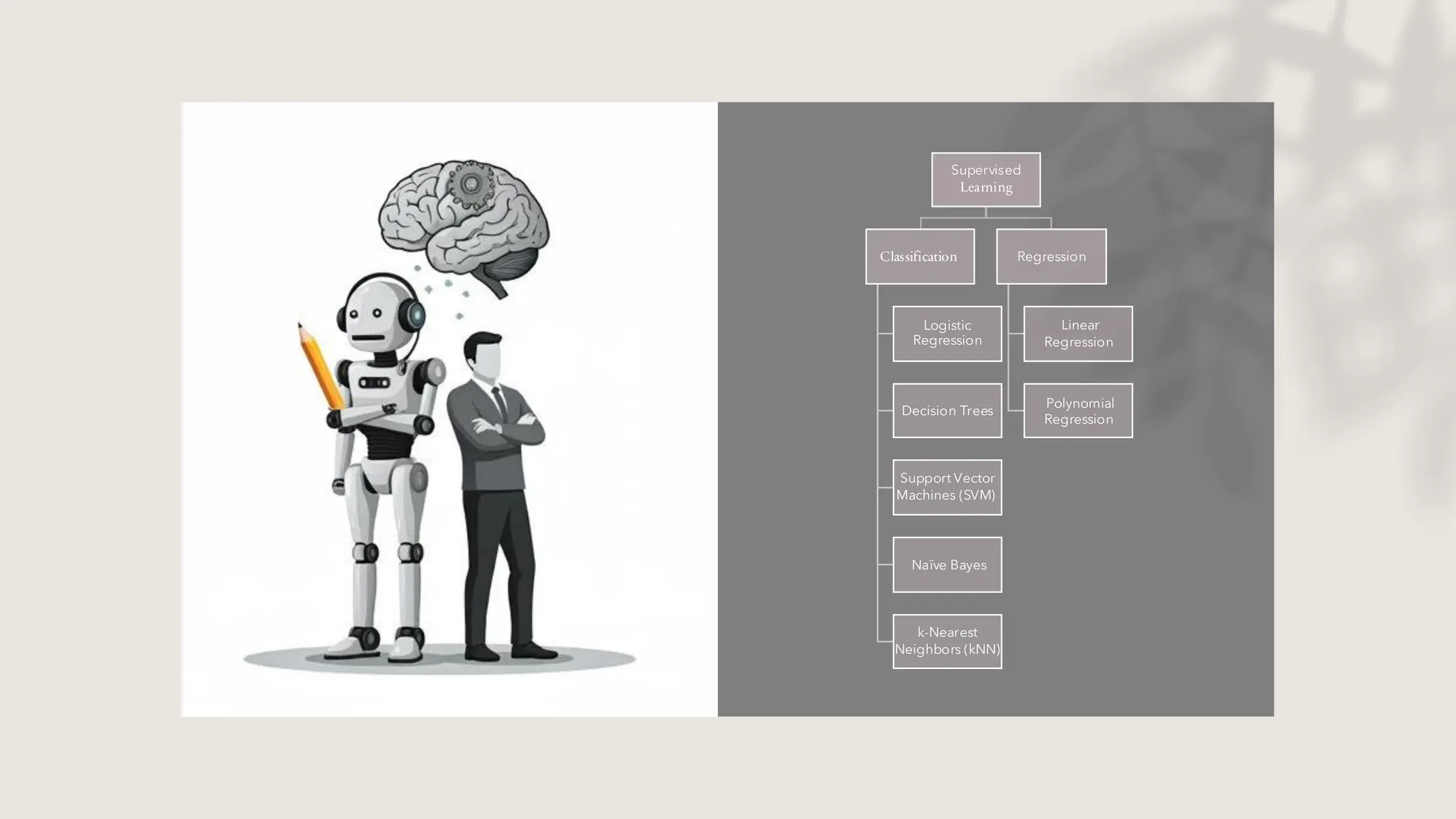 Supervised
Learning
Classification
Logistic
Regression
Decision Trees
Support Vector
Machines (SVM)
Naïve Bayes
k-Nearest
Neighbors (kNN)
Regression
Linear
Regression
Polynomial
Regression
 