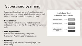 Supervised Learning
• Supervised learning is a type of machine learning
where the model is fit on labeled data, meaning each
training example includes input-output pairs.
• How it Works:
The model learns to map inputs to the correct
outputs, aiming to predict the output for new, unseen
data.
• Main Applications:
Classification: Determining categories,
• Regression: Predicting continuous values.
• Examples:
Detecting Spam, Translation of language, Sales
Forecasting.
 