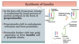 Synthesis of Insulin
⚫In the beta cell of pancreas, insulin
is synthesized by usual process of
protein synthesis in the form of
preproinsulin.
⚫Preproinsulin cleft in endoplasmic
reticulum and form proinsulin.
⚫Proinsulin further cleft into golgi
apparatus to form insulin and
C peptide chain.
 