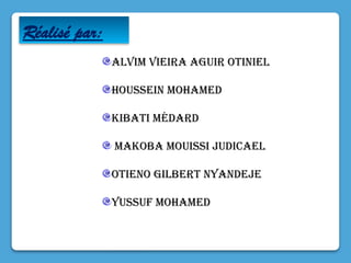 ALVIM VIEIRA AGUIR OTINIEL
HOUSSEIN Mohamed
KIBATI Médard
MAKOBA MOUISSI JUDICAEL
OTIENO GILBERT NYANDEJE
YUSSUF Mohamed
Réalisé par:
 