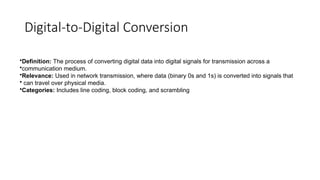 Digital-to-Digital Conversion
•Definition: The process of converting digital data into digital signals for transmission across a
•communication medium.
•Relevance: Used in network transmission, where data (binary 0s and 1s) is converted into signals that
• can travel over physical media.
•Categories: Includes line coding, block coding, and scrambling
 