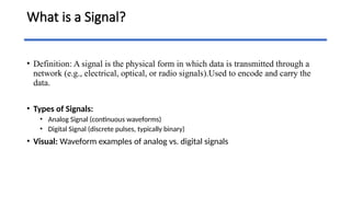 What is a Signal?
• Definition: A signal is the physical form in which data is transmitted through a
network (e.g., electrical, optical, or radio signals).Used to encode and carry the
data.
• Types of Signals:
• Analog Signal (continuous waveforms)
• Digital Signal (discrete pulses, typically binary)
• Visual: Waveform examples of analog vs. digital signals
 