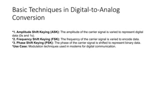 Basic Techniques in Digital-to-Analog
Conversion
•1. Amplitude Shift Keying (ASK): The amplitude of the carrier signal is varied to represent digital
data (0s and 1s).
•2. Frequency Shift Keying (FSK): The frequency of the carrier signal is varied to encode data.
•3. Phase Shift Keying (PSK): The phase of the carrier signal is shifted to represent binary data.
•Use Case: Modulation techniques used in modems for digital communication.
 
