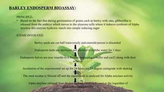 14
BARLEY ENDOSPERM BIOASSAY:
PRINCIPLE:
• Based on the fact that during germination of grains such as barley with oats, gibberellin is
released from the embryo which moves to the aleurone cells where it induces synthesis of Alpha
amylase this enzyme hydroxic starch into simple reducing sugar
STEMS INVOLVED:
Barley seeds are cut half transversely and emerald person is discarded
Endosperm hubs are sterilized and allowed to imbibe water for 3 days
Endosperm halves are now transfer to a flowers containing a buffer and cacl2 along with their
solution
Incubation of the experimental set up for 24 hours are 25 degree centigrade with shaking
The seed residue is filtered off and the supernatant is analysed for Alpha amylase activity
Alpha amylase released from Barley half seed is proportional to the logarithm of
gibberellin concentration
 