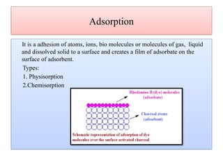 Adsorption
It is a adhesion of atoms, ions, bio molecules or molecules of gas, liquid
and dissolved solid to a surface and creates a film of adsorbate on the
surface of adsorbent.
Types:
1. Physisorption
2.Chemisorption
 