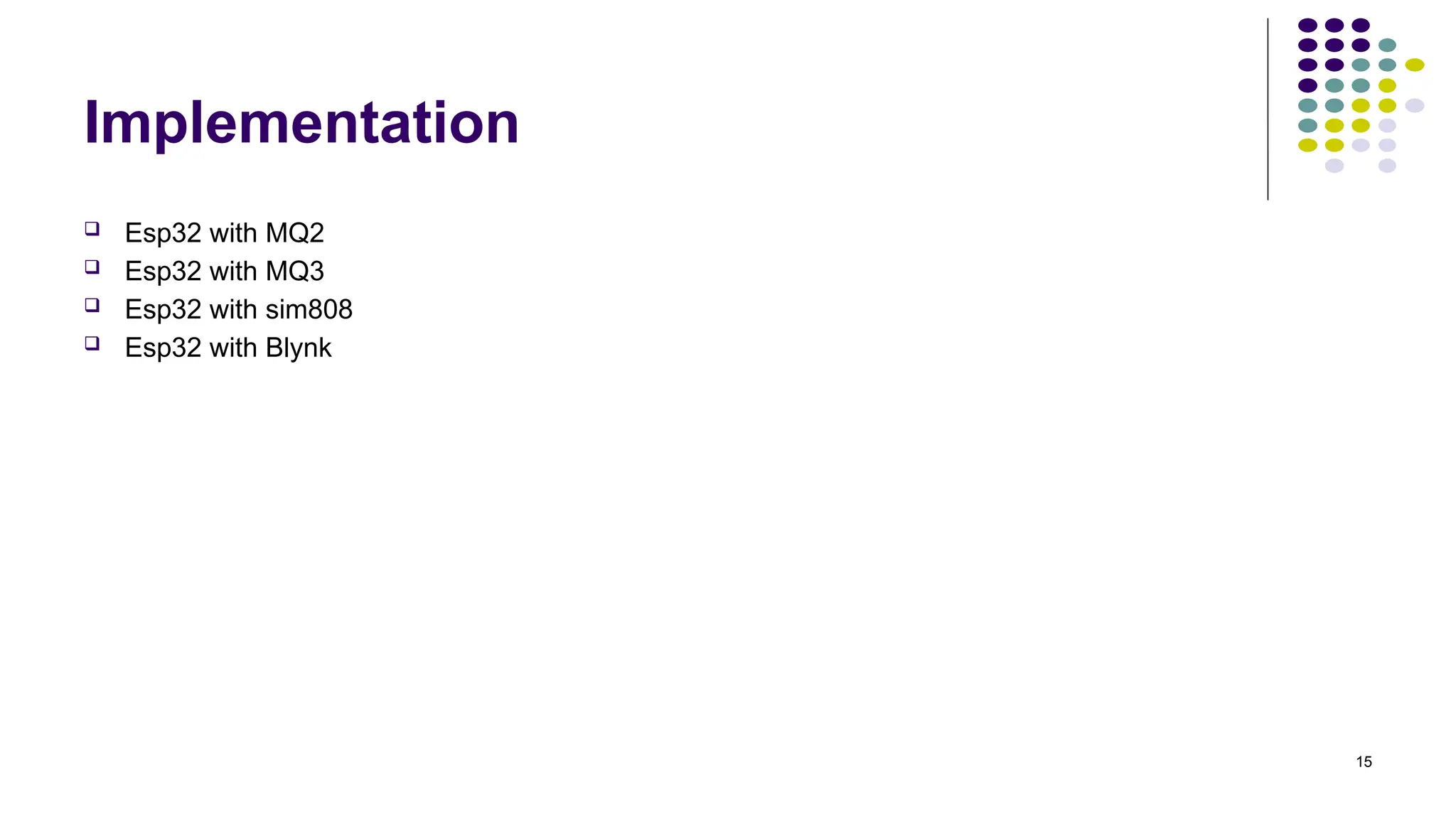 15
Implementation
 Esp32 with MQ2
 Esp32 with MQ3
 Esp32 with sim808
 Esp32 with Blynk
 