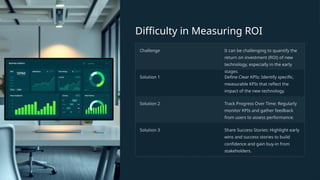 Difficulty in Measuring ROI
Challenge It can be challenging to quantify the
return on investment (ROI) of new
technology, especially in the early
stages.
Solution 1 Define Clear KPIs: Identify specific,
measurable KPIs that reflect the
impact of the new technology.
Solution 2 Track Progress Over Time: Regularly
monitor KPIs and gather feedback
from users to assess performance.
Solution 3 Share Success Stories: Highlight early
wins and success stories to build
confidence and gain buy-in from
stakeholders.
 