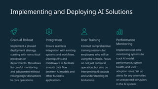 Implementing and Deploying AI Solutions
Gradual Rollout
Implement a phased
deployment strategy,
starting with non-critical
processes or
departments. This allows
for careful monitoring
and adjustment without
risking major disruptions
to core operations.
Integration
Ensure seamless
integration with existing
systems and workflows.
Develop APIs and
middleware to facilitate
smooth data flow
between AI models and
other business
applications.
User Training
Conduct comprehensive
training sessions for
employees who will be
using the AI tools. Focus
on not just technical
operation, but also on
interpreting AI outputs
and understanding its
limitations.
Performance
Monitoring
Implement real-time
monitoring systems to
track AI model
performance, system
health, and user
adoption rates. Set up
alerts for any anomalies
or unexpected behaviors
in the AI system.
 