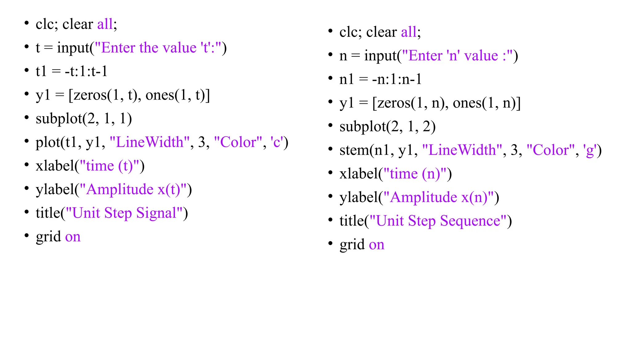 • clc; clear all;
• t = input("Enter the value 't':")
• t1 = -t:1:t-1
• y1 = [zeros(1, t), ones(1, t)]
• subplot(2, 1, 1)
• plot(t1, y1, "LineWidth", 3, "Color", 'c')
• xlabel("time (t)")
• ylabel("Amplitude x(t)")
• title("Unit Step Signal")
• grid on
• clc; clear all;
• n = input("Enter 'n' value :")
• n1 = -n:1:n-1
• y1 = [zeros(1, n), ones(1, n)]
• subplot(2, 1, 2)
• stem(n1, y1, "LineWidth", 3, "Color", 'g')
• xlabel("time (n)")
• ylabel("Amplitude x(n)")
• title("Unit Step Sequence")
• grid on
 