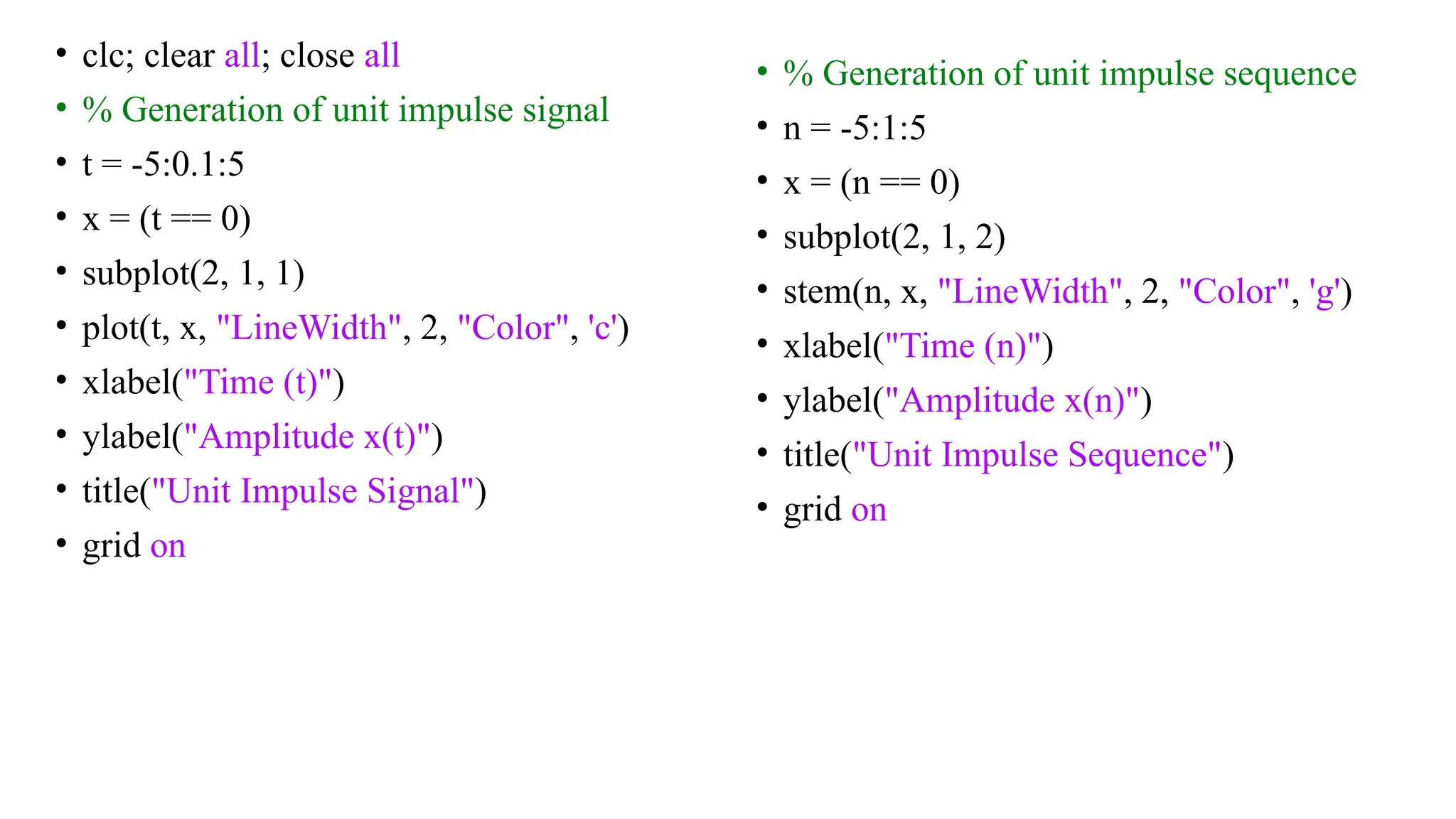 • clc; clear all; close all
• % Generation of unit impulse signal
• t = -5:0.1:5
• x = (t == 0)
• subplot(2, 1, 1)
• plot(t, x, "LineWidth", 2, "Color", 'c')
• xlabel("Time (t)")
• ylabel("Amplitude x(t)")
• title("Unit Impulse Signal")
• grid on
• % Generation of unit impulse sequence
• n = -5:1:5
• x = (n == 0)
• subplot(2, 1, 2)
• stem(n, x, "LineWidth", 2, "Color", 'g')
• xlabel("Time (n)")
• ylabel("Amplitude x(n)")
• title("Unit Impulse Sequence")
• grid on
 