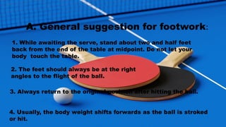 A. General suggestion for footwork:
1. While awaiting the serve, stand about two and half feet
back from the end of the table at midpoint. Do not let your
body touch the table.
2. The feet should always be at the right
angles to the flight of the ball.
3. Always return to the original position after hitting the ball.
4. Usually, the body weight shifts forwards as the ball is stroked
or hit.
 